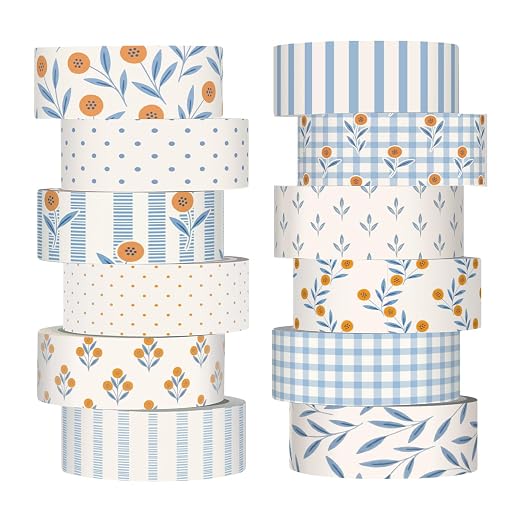 12 Rolls Floral Washi Tape Set,Beige and Blue,Floral Plaid | Watercolor Flowers Design for Scrapbook Journal DIY Craft School Supplies, 15 mm Vintage Decorative Masking Washi Tapes