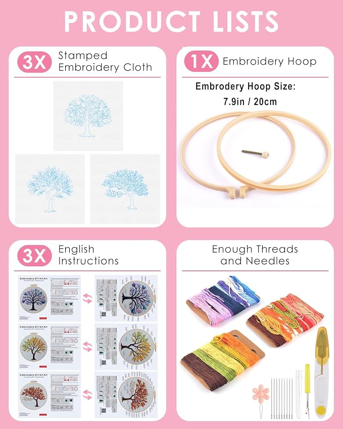 TINDTOP Embroidery Kit for Adult, 3 Pack Embroidery DIY Starter Kit | with Stamped Patterns, Hoop, Tools, Colorful Threads with Needles, Instructions (Color Tree)