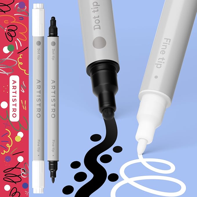 ARTISTRO White & Black Dual-Tip Acrylic Paint Pens - Set of 2 | 5mm Dot + 1mm Fine Tips, Multisurface Markers, Perfect for Glass, Rock, Fabric, Wood, Plastic, & More