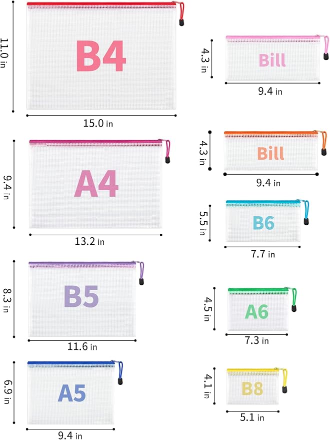 JARLINK 18 Pcs Mesh Zipper Pouch Bags, 8 Sizes Waterproof Zipper Bags