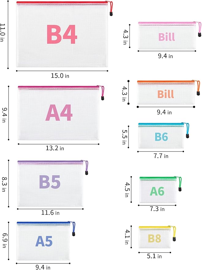JARLINK 24 Pcs Mesh Zipper Pouch Bags, 8 Sizes Waterproof Zipper Bags