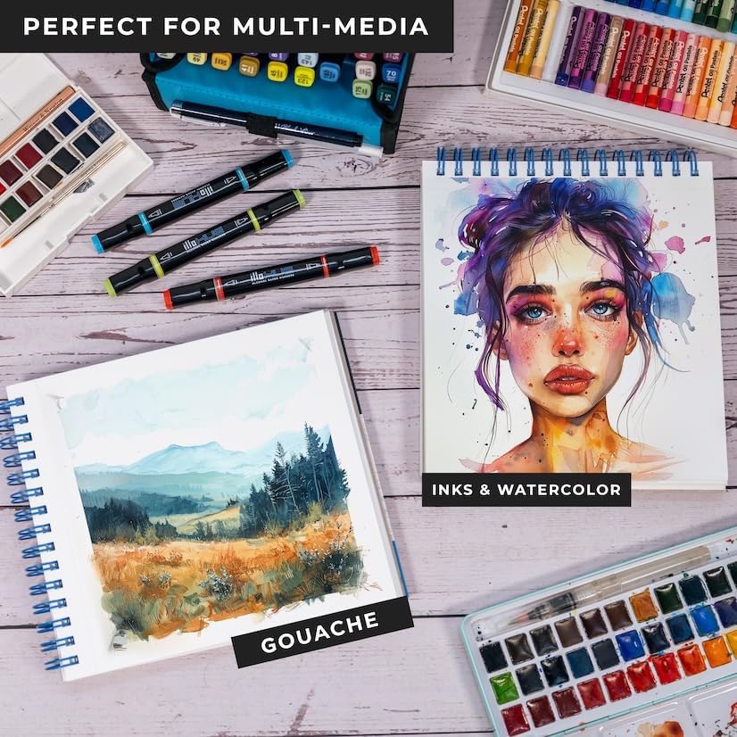 illo Sketchbook Mixed-Media 8’’ x 8’’ Spiral-Bound Sketch Notebook, 200gsm Acid-Free Paper, 65 Perforated Sheets for Easy Tear-Out, for All Mediums, for Professionals and Beginner Artists