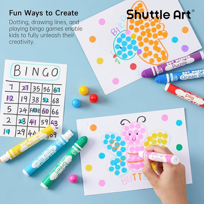 Shuttle Art Dot Markers, 60 Pack 12 Colors Washable Dot Markers with 135 Activity Sheets, 5 Activity Books, Fun Art Supplies for Kids Toddlers and Preschoolers, Non Toxic Water-Based Paint Daubers
