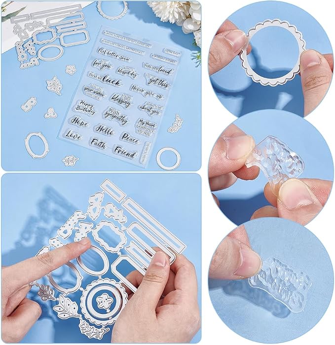 Sentiments Clear Stamps and Metal Cutting Dies for Card Making Greeting Words Silicone Stamp and Die Cuts Set Blessing Words Transparent Stamps for DIY Scrapbooking Paper Craft Supplies