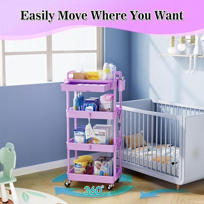 SUNALLY 4 Tier Rolling Cart with Drawer,Craft Storage Cart Organizer,Purple