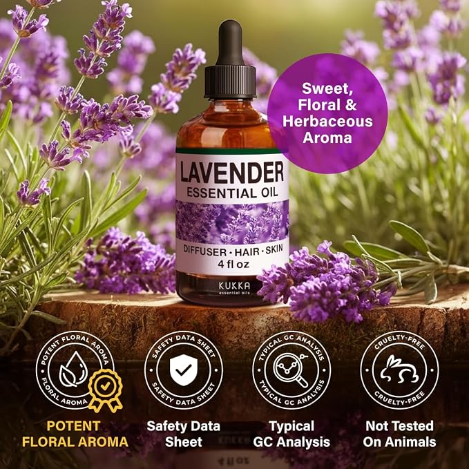 Kukka 100% Pure Lavender Essential Oil for Skin, Diffuser, 4 Fl Oz | Bulgarian Undiluted Natural Oil for Diffuser, Aromatherapy, Massage, Body, Relaxation, with Dropper