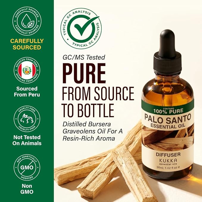 100% Pure Palo Santo Essential Oil 1 Fl Oz, Undiluted - Aromatherapy | Woodsy Aroma, Sourced from Peru, GC/MS Tested, Glass Dropper - for Hair, Skin, Diffuser, Body Wellness - Non-GMO