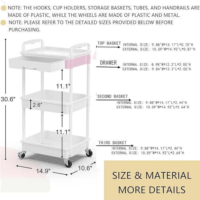 Goovilla 3 Tier Rolling Utility Cart Organizer with Removable Drawer, White | Stable and Sturdy Rolling Storage Carts with 2 Lockable Wheels for Bathroom, Kitchen, Snack, Craft, Makeup, Baby Essentials