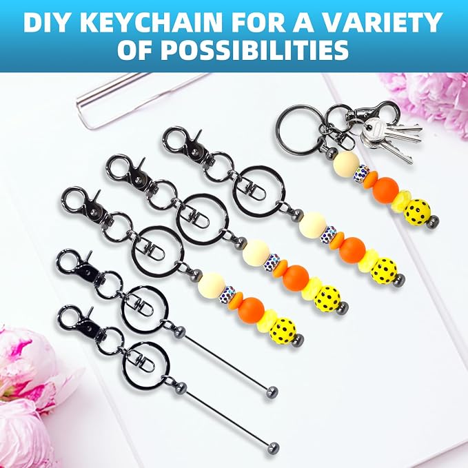 60 Pcs Beadable Keychains Bulk Kit – DIY Keychain Making Supplies with Metal Blanks for Crafts, Jewelry, Charms, Custom Projects – Blank Chain Bars for Beaded Keychain Design (Gray)