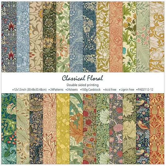 Classical Floral Scrapbook Paper 12x12 - 24 Sheets Double Sided Pattern Decorative Craft Paper for Scrapbooking Planner Bullet Junk Journal Supplies Mixed Media Collage Card Making ﻿