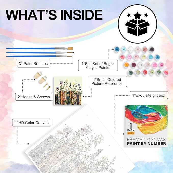Yezavesu Book Framed Paint by Numbers Kit for Adults 10x 10 inch, Flowers | For Adults Beginner & Kids Ages 8-12, Without Easel, DIY Acrylic Painting by Numbers, Stress Relief Gift, Home Wall Decor