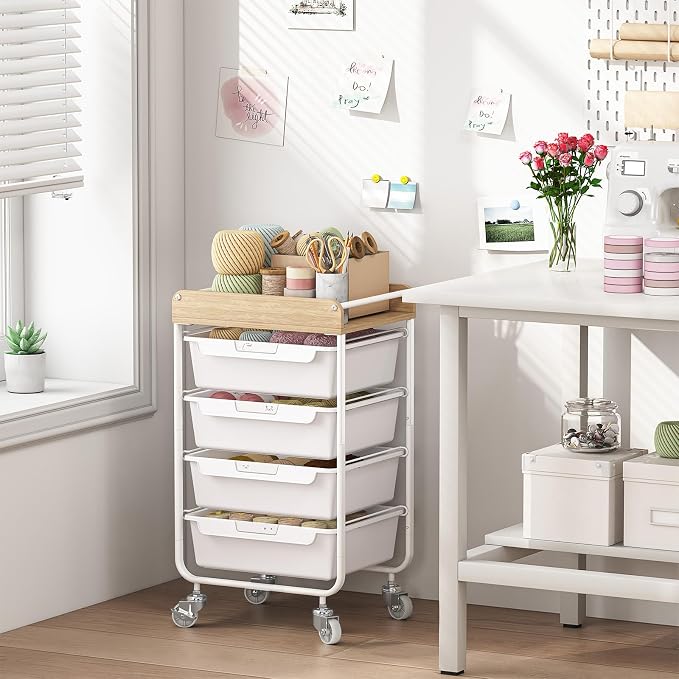 SYKIARIOL Rolling Craft Storage Cart with 4 Drawers,Kids Art Cart,White | Utility Cart with Drawers,Art Craft Organizers and Storage,Kids Craft Cart With DIY Lable and Wooden Tabletop Area