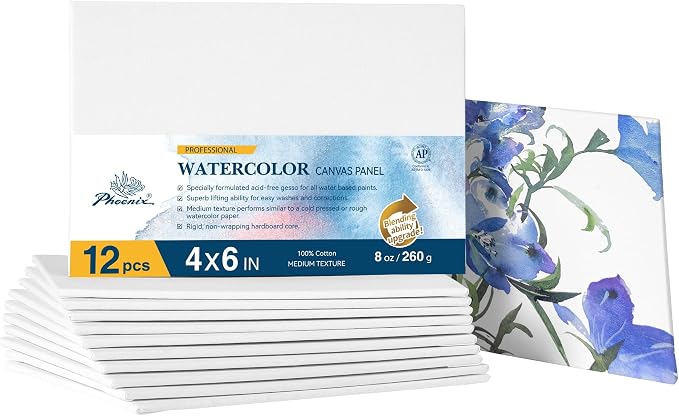 PHOENIX Watercolor Canvases for Painting - 4x6 Inch/12 Pack, 100% Cotton Water Color Small Canvas Panels, 8 Oz. / 260g White Blank Medium Texture Flat Canvases for Water Based Paints