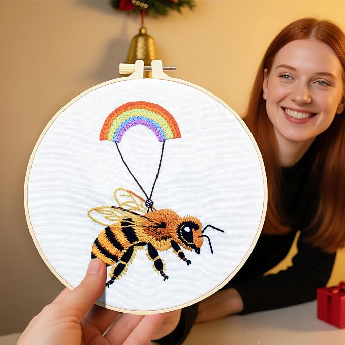 Crafmanoe Cute Bees Embroidery Kits for Beginners Adults, Hand Embroidery Starters Kits, Stamped Cross Stitch Kits DIY Needlepoint Kits for Beginners Adults, Embroidery Hoop, Thread and Video Tutorial