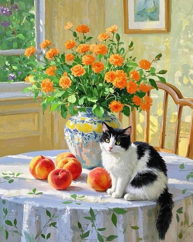ZRIZQ Paint by Numbers Kit for Adults Beginner,Flowers and Cat,16x20