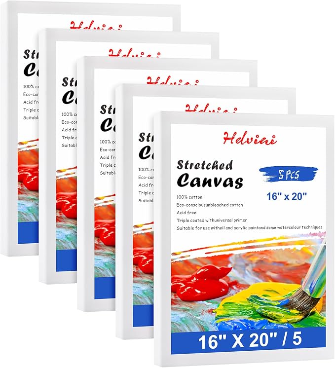 Stretched Canvas for Painting - 16x20 Inch/5 Canvas Value Pack - Triple Primer Acid Free 100% Cotton Blank Canvas for Painting Supplies Oil and Acrylic Pouring Art Watercolor