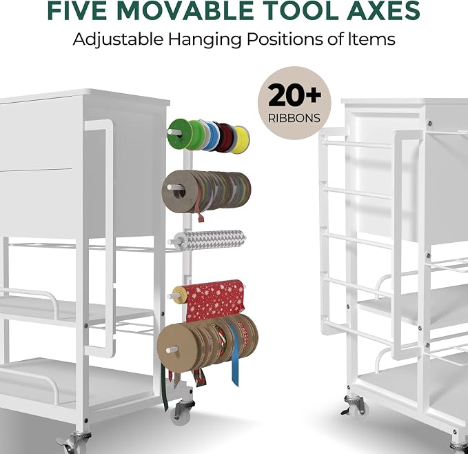 Wrapping Paper Storage & Organizer, Craft Cart with Ribbon & Gift Bag Storage, Wrapping Paper Organizer Holder(2 Wooden Drawers-White)
