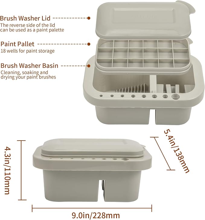 MyLifeUNIT Paint Brush Cleaner, Paint Brush Holder with Palette, Grey | 18 mixing wells, 16 slots fitting 0.24-0.63 in diameters, 3 washing compartments, removable tray lid