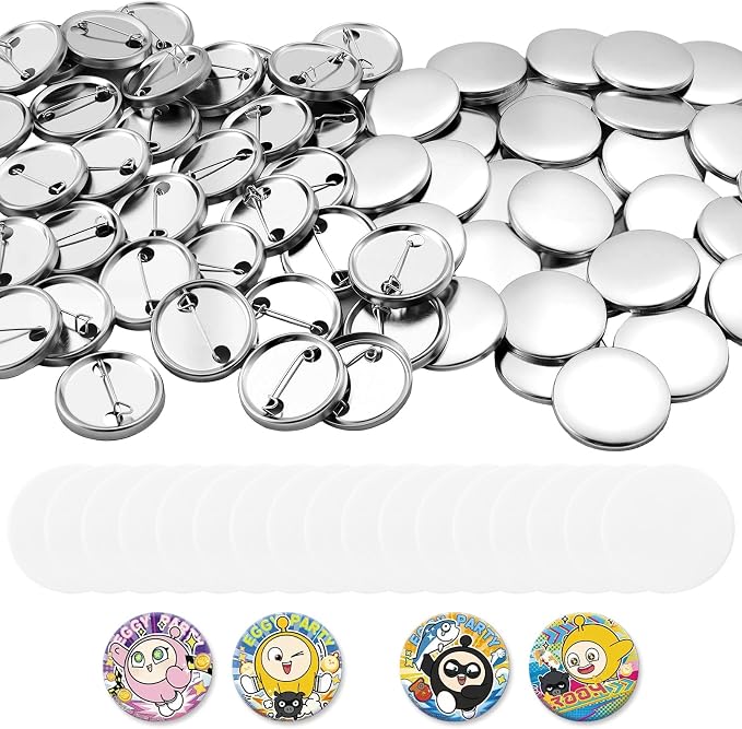 VEVOR Button Maker Supplies 200 Sets 1.25 in / 32 mm Pin Back Button Parts, with Metal Backs, Metal Shells, Clear Mylar Films, and Blank Circle Papers, for Home DIY, School Events, and Custom Studio