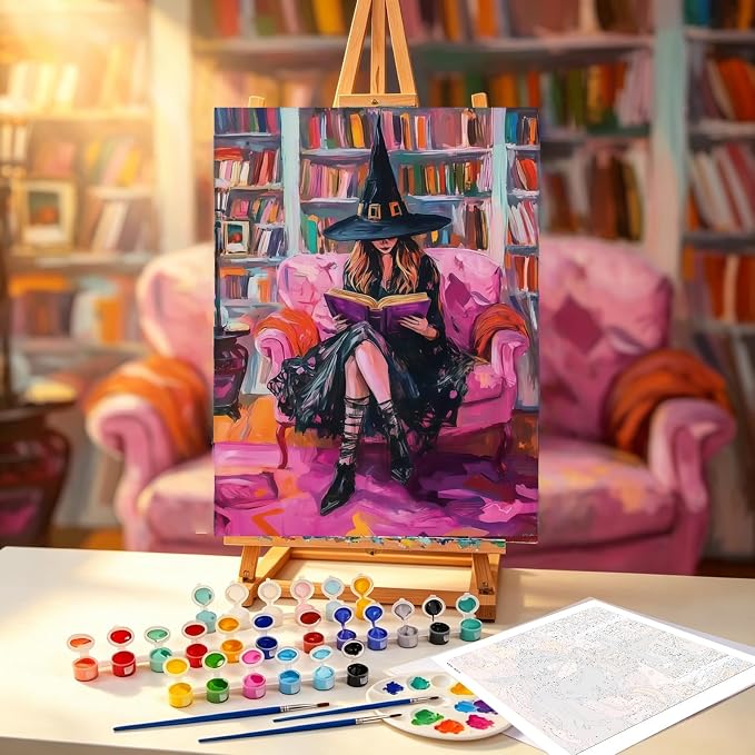 Halloween Witch Book Paint by Numbers Kit for Adults Beginners 12x16In | Easy Adult Paint by Number Kits On Canvas, DIY Acrylic Oil Painting Kits for Halloween Home Wall Decor