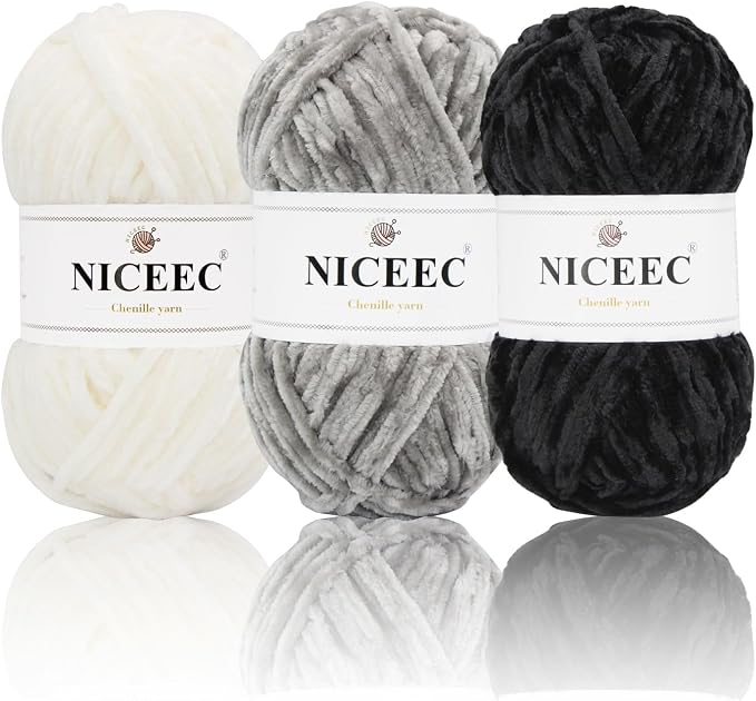 NICEEC 3 Skeins Soft Chenille Yarn 3 x85m (3X 93yds, 3X 50g)_Neutral Series