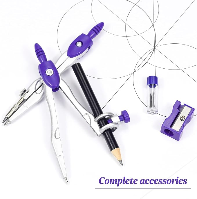 Unjoo Math Geometry Set 10 Pcs, Compass and Protractor for Students(Purple | Shatterproof Storage Box,Rulers,Protractor,Compass,Eraser,Pencil Sharpener,Lead Refills,Pencil,for Classroom, Back to School