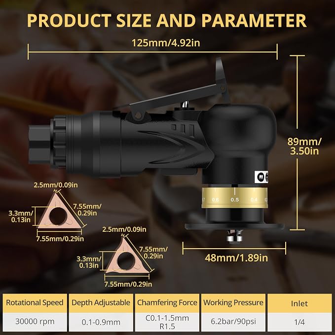 AMTOVL Pneumatic Chamfering Tool - Mini Air Chamfer Tool with 6 C-Angle & 6 R-Angle Blades, 45° 30000 RPM Chamfering Tool for Metal and Wood with 1/4" Air Inlet