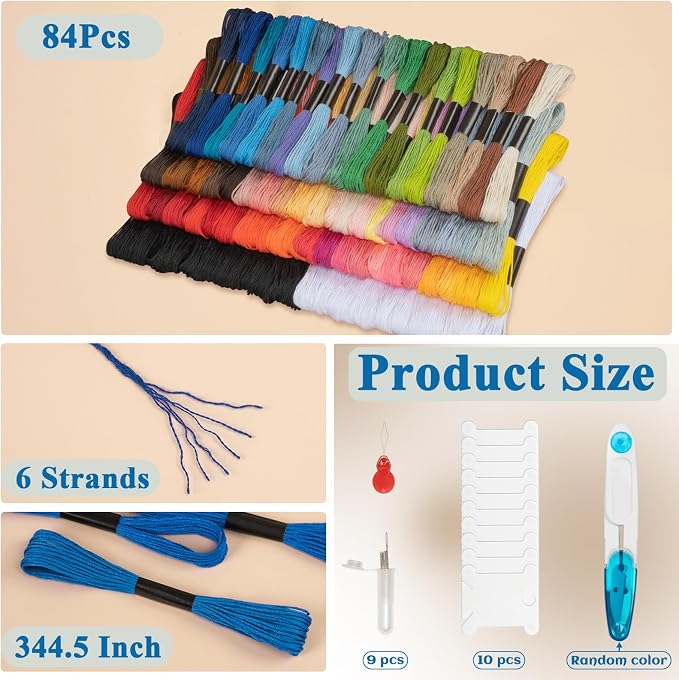 Amrules Friendship Bracelet String, 84 Pcs Embroidery Floss, Colorful | Including 344.5" Cotton Cross Stitch Thread, Hand Embroidery Thread for DIY Sewing and Embroidery Crafts Making with Tools