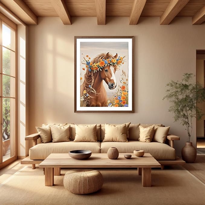 PINFFSHU 5D Diamond Painting Kits for Adults Beginners - Beautiful Horse with Floral Crown，Full Drill DIY Sparkling Gem Art Craft with Tools, Home Wall Decor, Unique Gifts for Women, 12x16 Inch