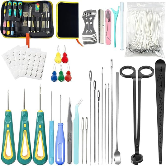 135PCS Candle Making Kits with Candle Wick Trimmer(7IN)& Dipper,Big Eye Long Needle Mold Hook Punch Needle for Inserting Wick,Cotton Wick with Metal Sustainer Tabs,Wick Stickers for Candle Lovers