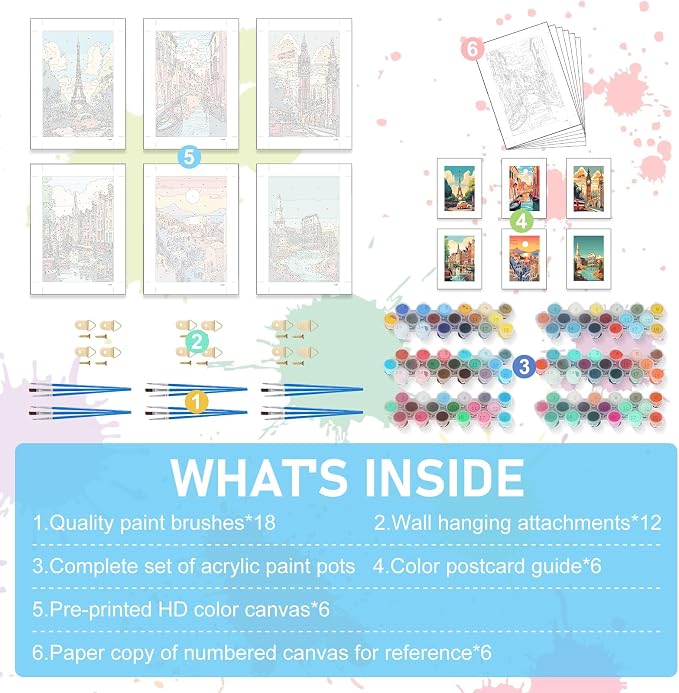 Offito 6 Pack Paint by Numbers Kit for Adults, Travel Cityscape, 8x12 Inch | Acrylic Vintage Number Painting Set, DIY Canvas Art Craft Kit for Beginner, Home Decor, Stress Relief Relaxing Hobby Gift