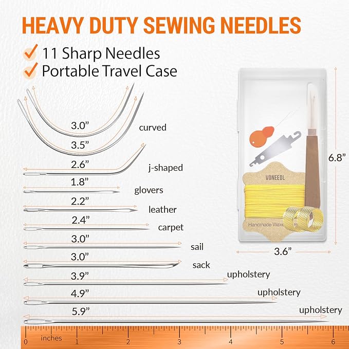 Upholstery Repair Kit: Waxed Sewing Thread (Yellow Color) & Heavy Duty Needles (11 PCS) for Leather, Canvas & Quilting Thread
