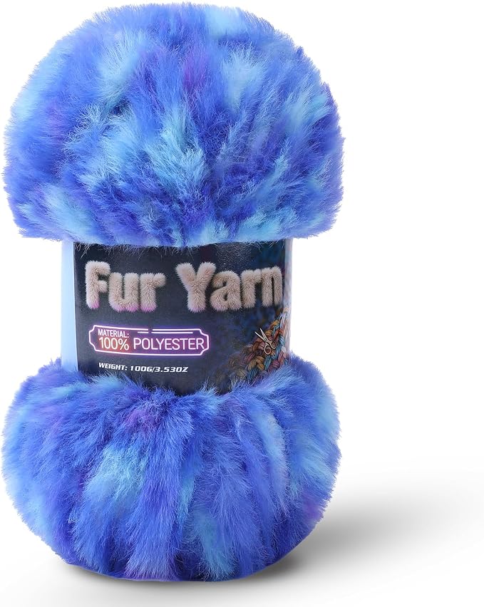 Faux Fur Yarn Soft Fluffy for Crocheting - 1 Skeins(Each 3.5oz/100g, 71yd/65m) - Chunky & Fluffy Yarn for Crochet Amigurumi, Blankets, Hand Knitting, Scarves &Crafts (1, Colorful Blue)