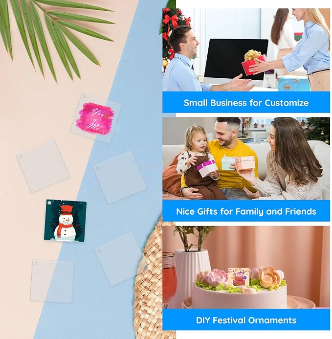 Ximalun 24Pcs Acrylic Keychain Blanks,Square Acrylic Ornaments Blanks Bulk Clear Ornaments Keychains with Hole for DIY Key Chain Craft Projects Christmas Birthday Holiday Decorations(4cm/1.58inch)