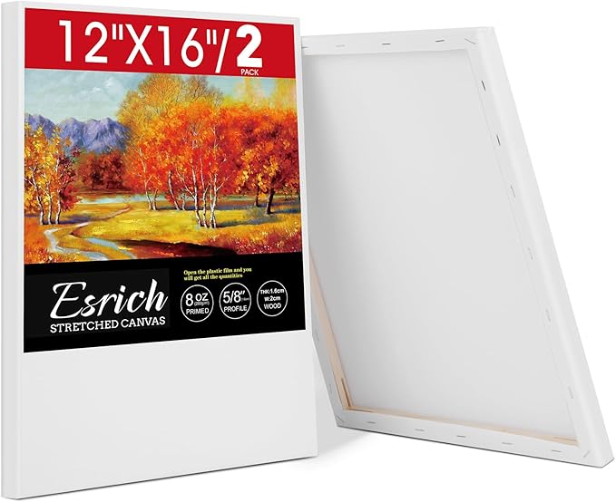 ESRICH Stretched Canvas for Painting 12x16 Inch, 2 Pack Blank Canvas -5/8 in Profile Primed Cotton White Canvases for Painting for Oil & Acrylic Paint