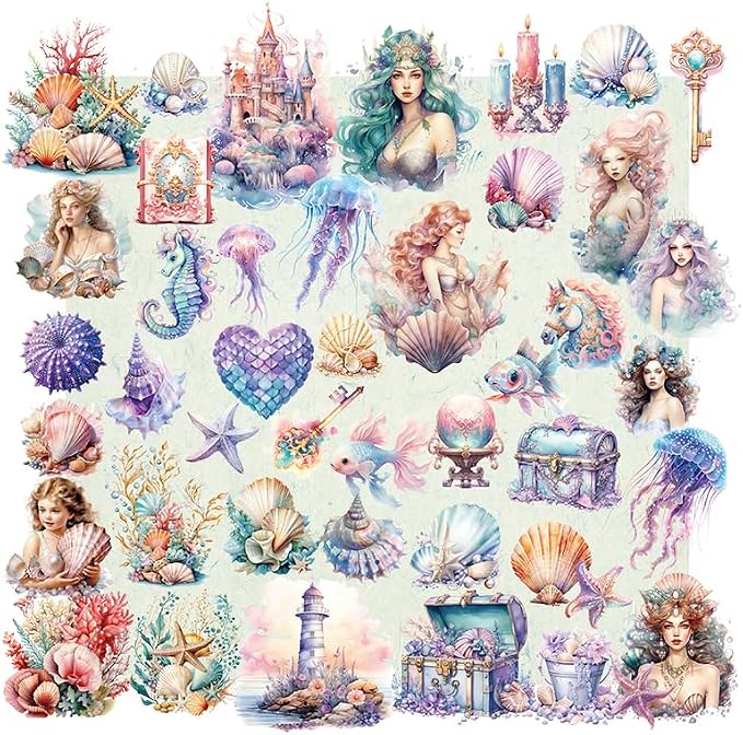 CATaireen Vintage Junk Journal Ephemera Scrapbooking Supplies Translucent Vellum Paper Stickers Card Making Decal Art Aesthetic for Adults (Character Mermaid)