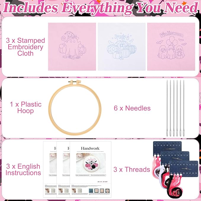 Mindsoft 3 Set Needlepoint Kit for Beginners with Hoop,Pink Halloween | Bamboo Hoop Thread Needles Instructions, Easy Hand Embroidery for Beginners Home Crafts,Pre-stamped Funny Cute Designs