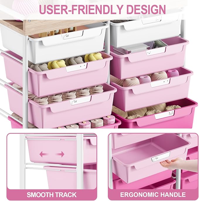 10 Drawers Rolling Cart with Wooden Tabletop, Utility Storage Cart with Wheels, Art Supply Craft Organizer on Wheel with Metal Frame & Handles for Home Office School,Pink | Easy Setup, Large Capacity, Sturdy Build, Lockable Mobility, For office, classr...