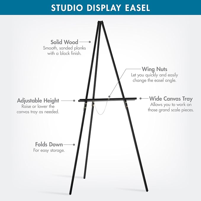 Studio Designs Art Studio Display Easel - Portable Wood Easel to Display Art Projects on Tabletops or Floors - Adjustable Height for Different Surfaces and Projects, Black