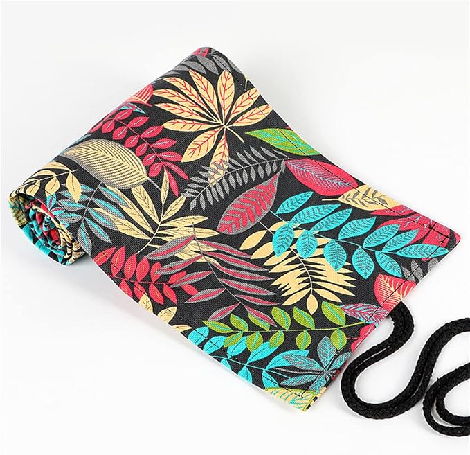 DIYOMR 24/36/72 Slots Pencil Wrap Pencil Rolls, Artist Colored Pencils Roll Up Bag Short Brushes Pouch Case Pencils Organizer for Drawing Coloring and Sketching,No Pencils (Colorful Leaves, 36slots)