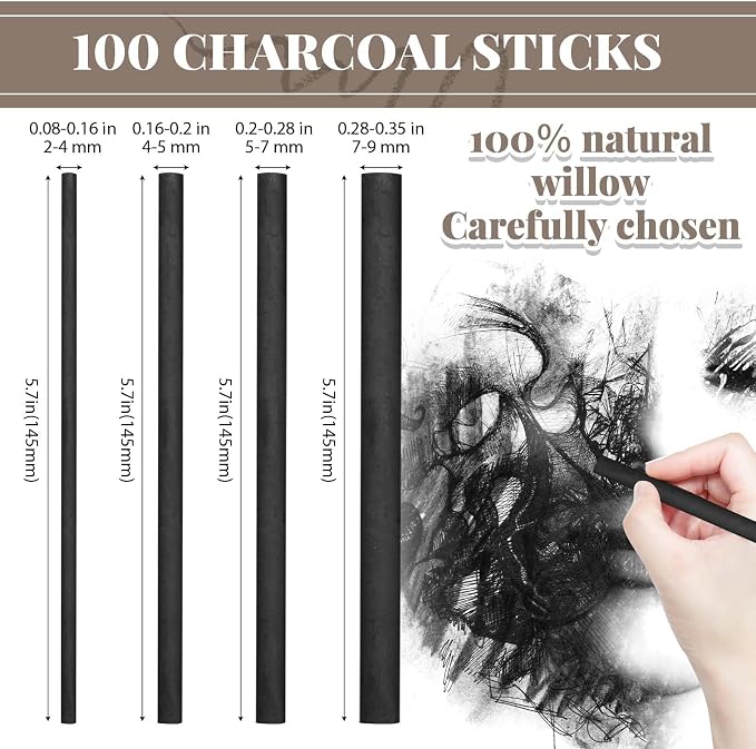 Gueevin 100 Pcs Soft Willow Charcoal Sticks Drawing,2-4mm,4-5mm,5-7mm,7-9mm | For Artists Beginners Students, Vine Charcoal Bulk for Sketching Shading Fine Art, Assorted Sizes, Back to School Gifts