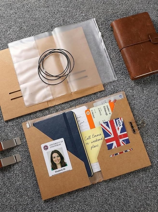 2 Pack Standard Travelers Notebook Accessories Kit Includes Kraft File Folders, PVC Zipper Pouches, Pen Holders, Binder Clips & Elastic Bands for Travel Journal Organizer Supplies