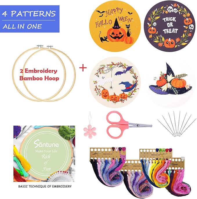 Santune 4-Pack Halloween Embroidery Kit Cross Stitch Kits for Beginners DIY Needlepoint Kit with 4 Embroidery Clothes Featuring Pumpkin Patterns,2 Hoops,Color Threads,Needles
