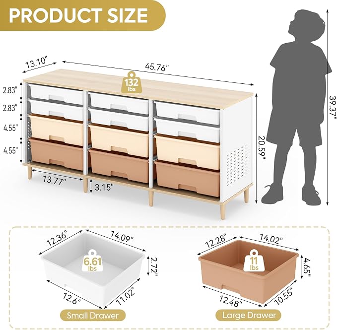 TOOLF 12 Drawers Storage Cabinet with Wooden Top and Plastic Bins,Brown | Toy Shelf Storage Chest Cubby Organizer, for Home, Office, Playroom, Classroom & Craft Room