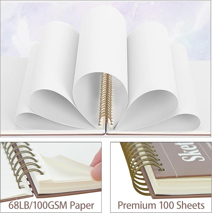 Crehatos 9" x 12" Sketch Book, Top Spiral Bound Sketch Pad, 100 Sheets 68lb/100gsm Drawing Paper, 1 Pack | Top Spiral Bound Sketch Pad, 68lb/100gsm Drawing Paper for Dry Media