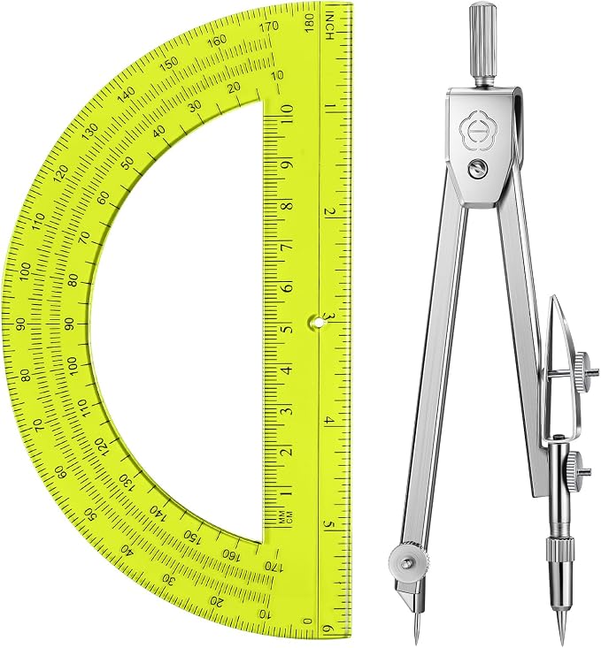 EBOOT Drawing Compass and 6 in Protractor Geometry Set, Yellow | Geometry Math Set, Swing Arm Protractor Ruler Compass, Geometry Drawing Tools for Measuring Angles