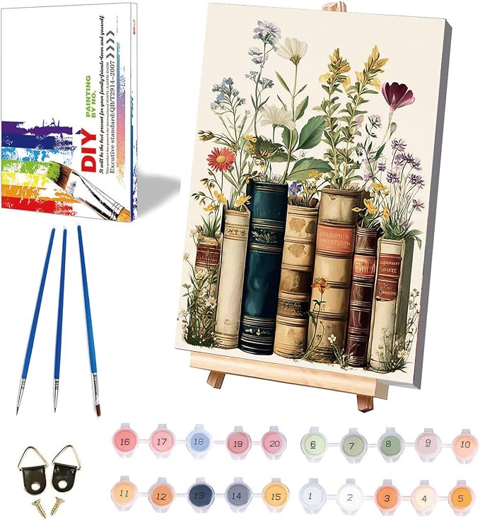 xackcme Book Paint by Numbers for Adults with Framed Canvas 8x12 inch | Flowers Paint by Number on Canvas, DIY Books Acrylic Oil Painting Kits with Wooden Easel Brushes for Home Wall Decor