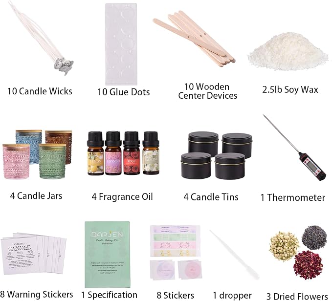 DARJEN Candle Making Kit for Adult, 4 Jars & 4 Tins Soy Wax Scented DIY Set | 100% Soy Wax, 10oz Glass Jars, 4oz Tins, Cotton Wicks, Pleasant Scents, Instruction& More- Perfect as Home Decorations