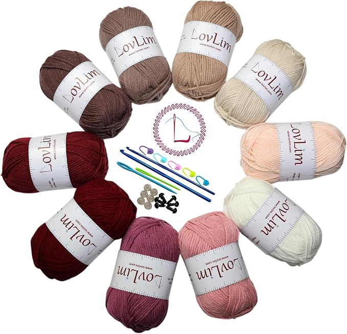 Milk-Cotton Crochet Yarn Kit, 10x50g Skeins DK Weight, 1250+ Yards, Hooks, Needles & Safety Eyes, 40+ Free Patterns, for Amigurumi, Crocheting & Knitting - Pinkish Brown Palette