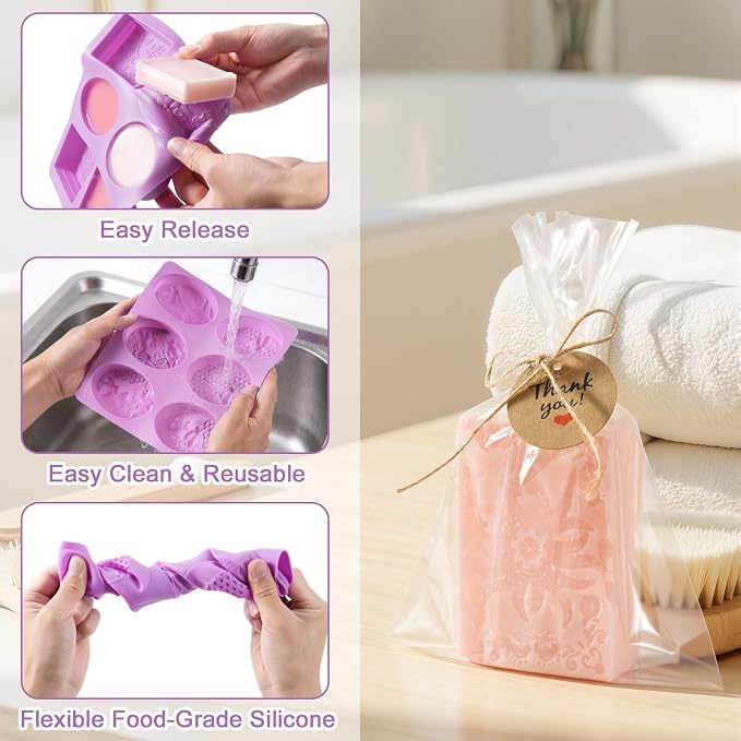 Soap Making Kit with 3 Silicone Molds Bee Lace Flower Shapes 100 Clear Bags 100 Gift Tags 65ft Jute Twine DIY Handmade Soap Craft Set for Beginners Small Business & Gift Making